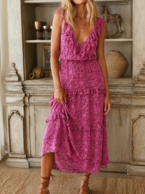 Anthropologie Dresses & Skirts - O.P.T One Pretty Time  Tiered Ruffle Pink Fuschia Maxi Dress